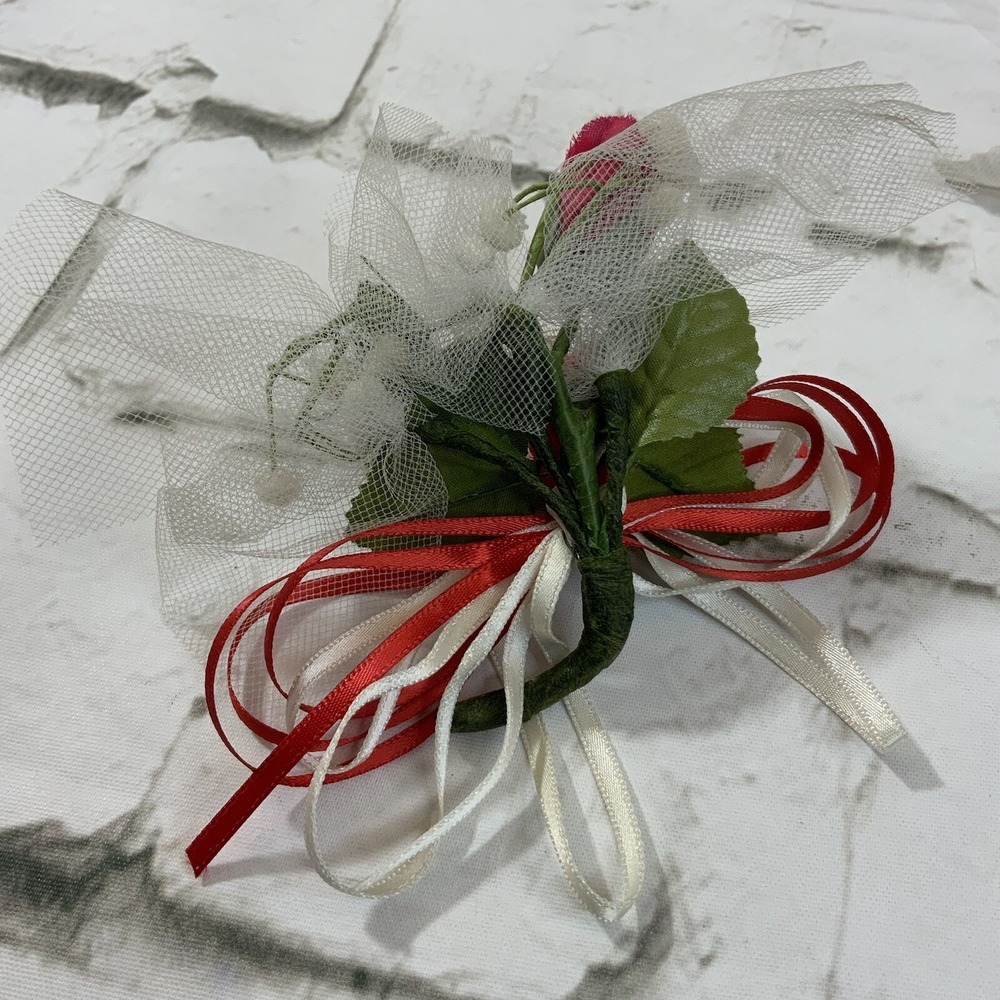 Corsage Boutonnière Lot Of 2 Red Rose White‎ Ribbon Lace Prom Groom Vintage - Picture 3 of 6